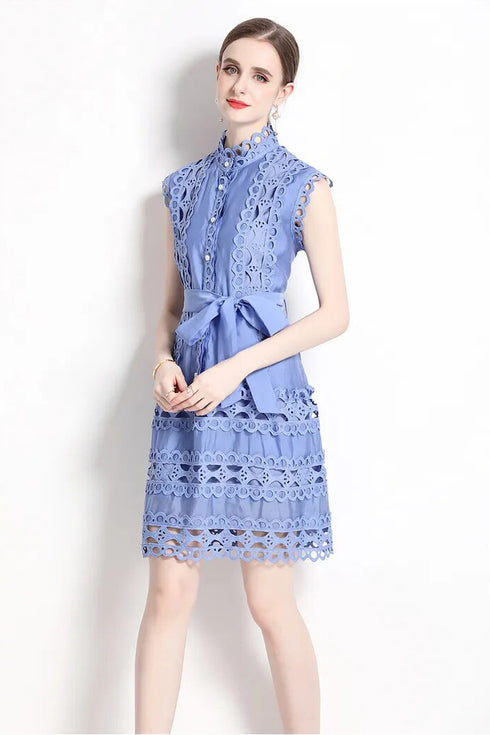 Magnificent & Exquisite Crochet Hollow Lace Dress, Mock Neck, Belted, Delicate A-line Prom, Party, Wedding Guest Dress